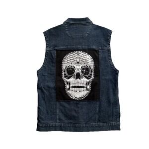 XXX RUDE Denim Mens L Blue Jean Vest Skull Patch Hot Topic Biker Punk Rock NWT